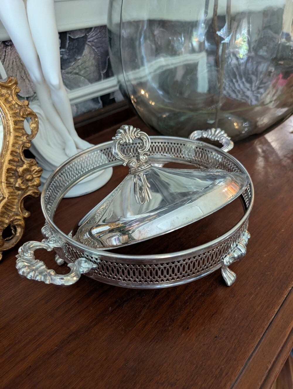 Vintage, Silver Plated, MCM Three footed Chafing Dish Casserole Warmer W/ Lid, 1